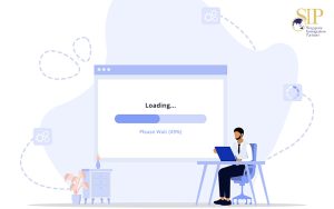 Illustration of a person at a desk with a laptop and a large screen showing a loading bar at 49%.