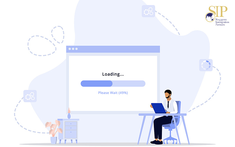 Illustration of a person at a desk with a laptop and a large screen showing a loading bar at 49%.